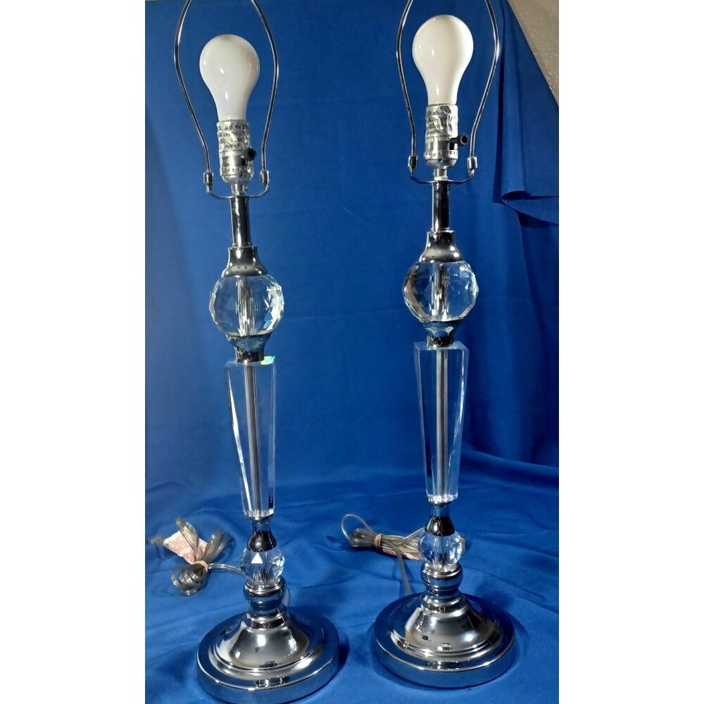 Vintage Hollywood Regency Crystal Ball Lucite Lamps Set Chrome Hardware …